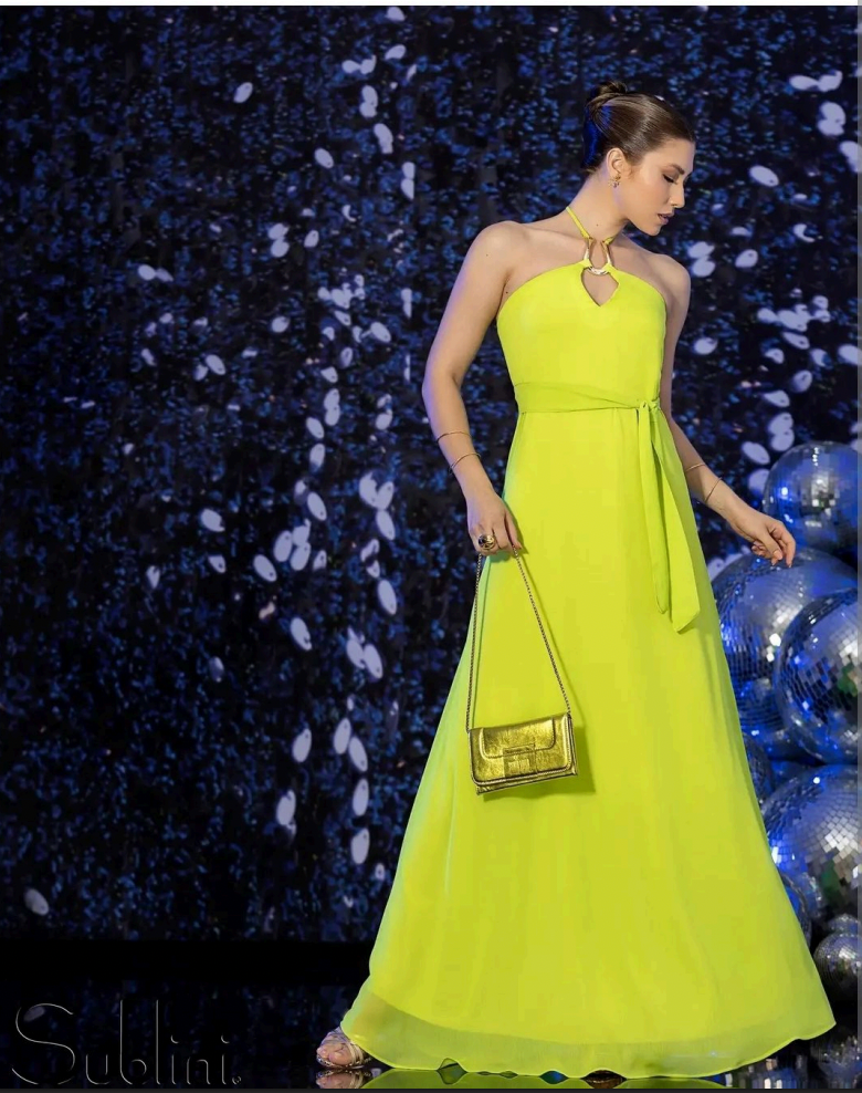 Vestido Longo Crepe Chiffon com Faixa