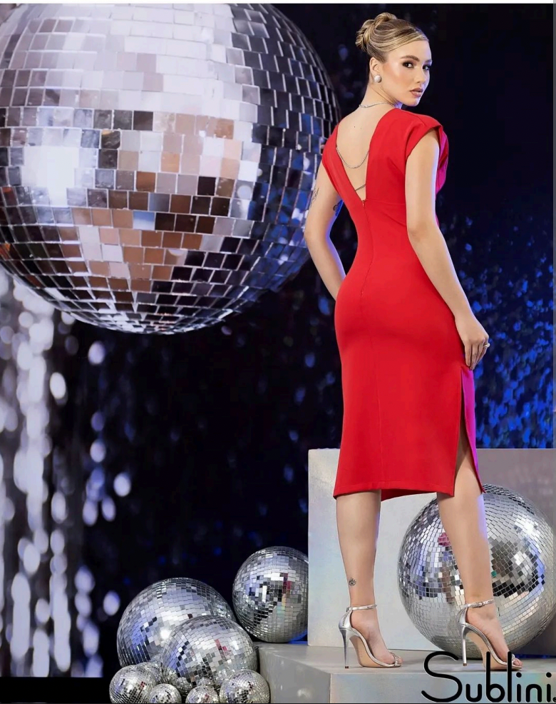 Vestido Decote V Detalhe Strass Alfaiataria