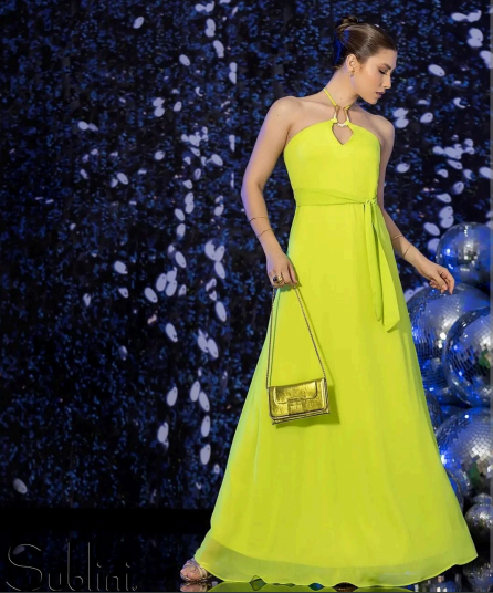 Vestido Longo Crepe Chiffon com Faixa